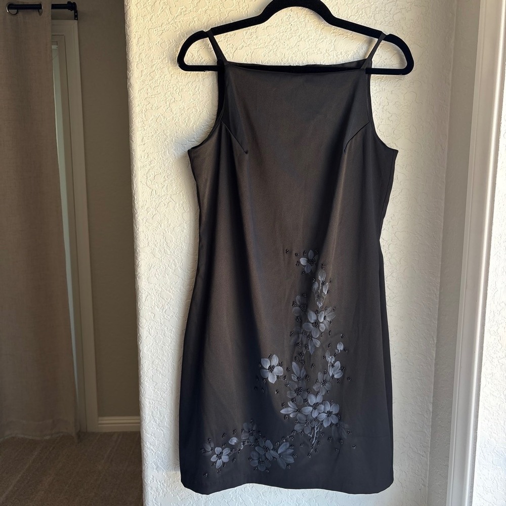 CDC Petites Women 12 Sheath Mini Dress Y2K Vintage Black Beaded Floral Square